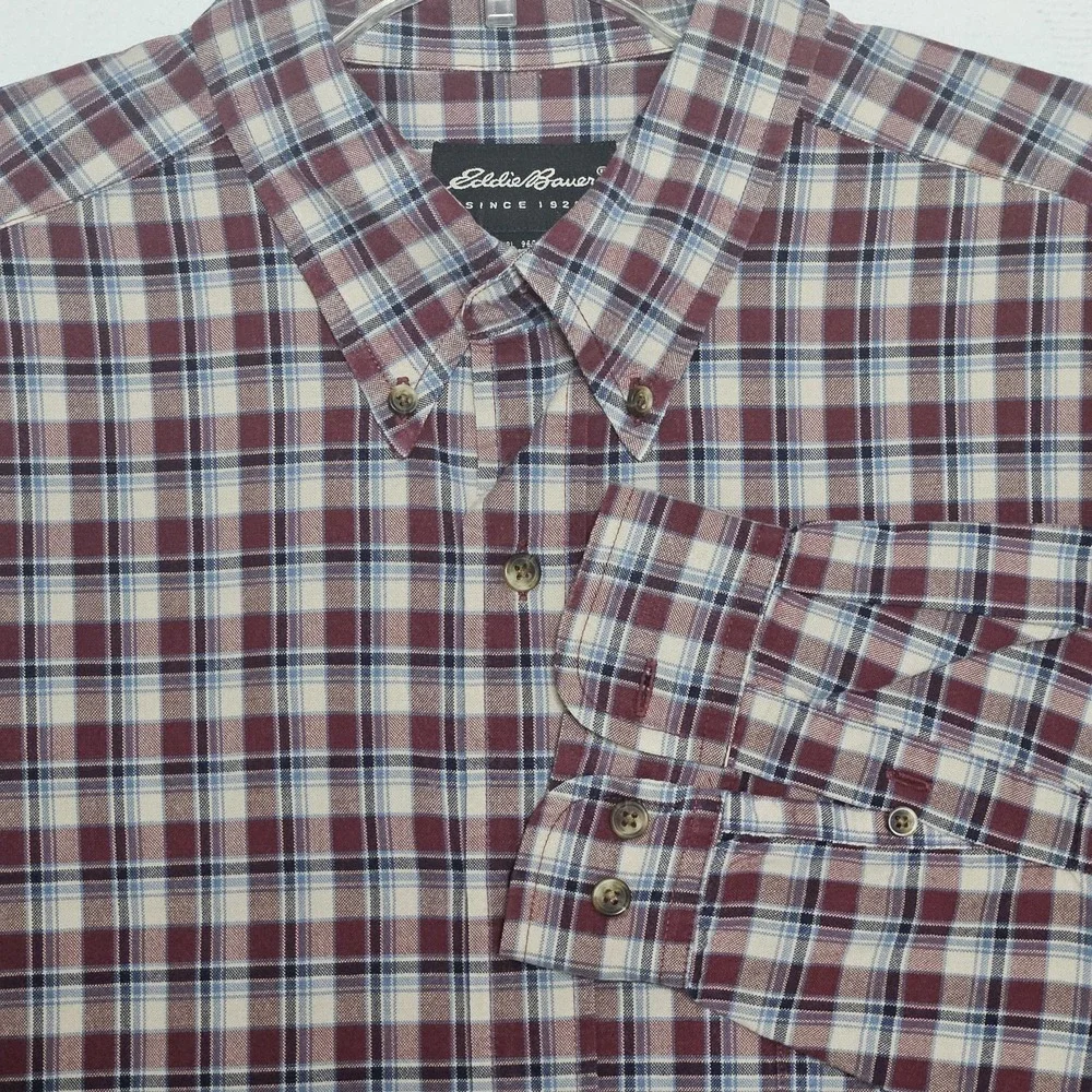 Eddie Bauer Shirt Mens XXL Maroon Blue Plaid Cotton Long Sleeve‎ Button Down
